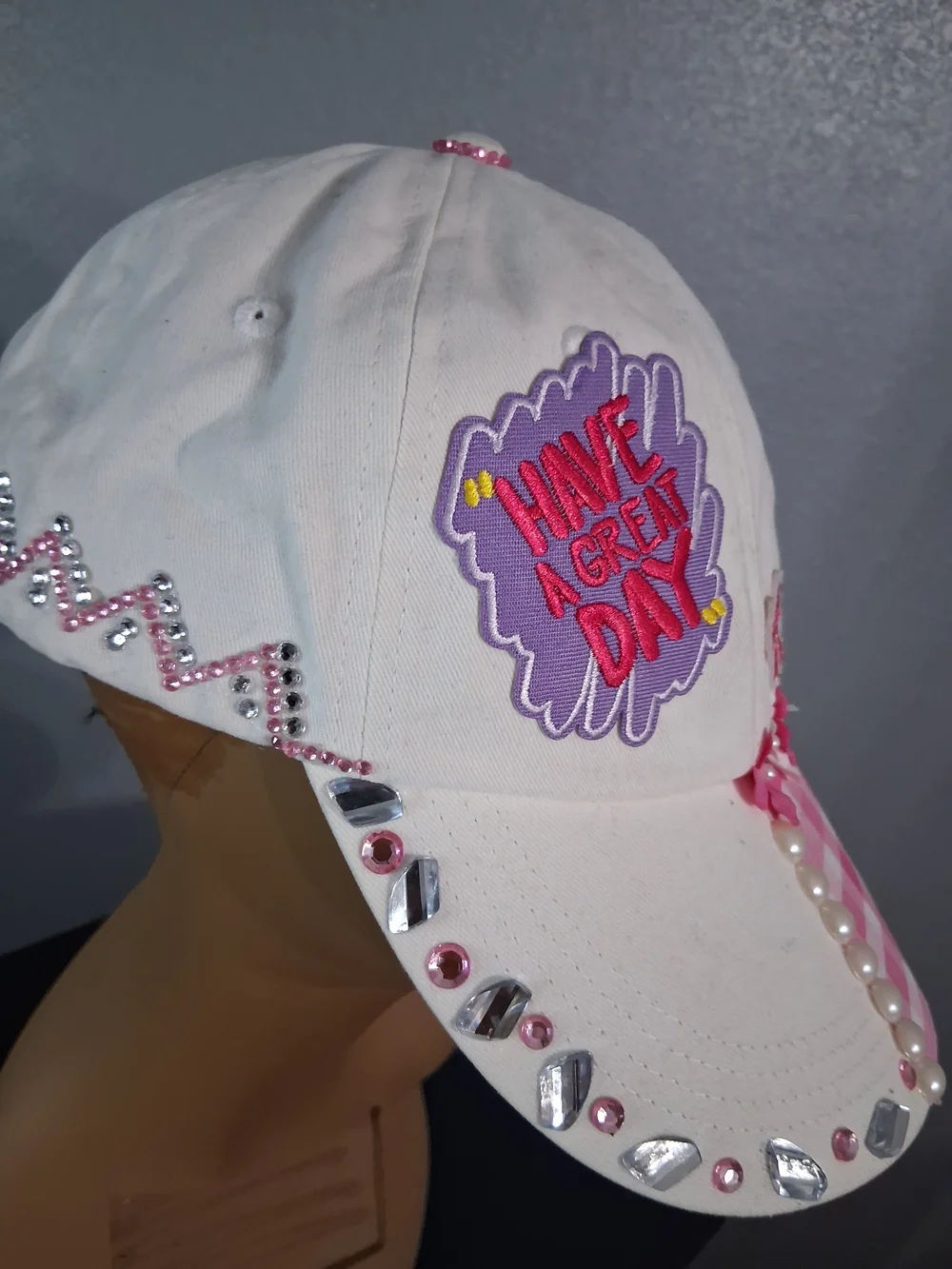 Hand Crafted White Pink Embellished Baseball Cap
